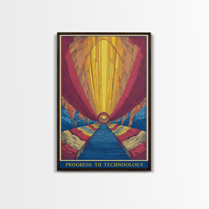 Glowing Futurist Technology Tunnel Wall Art, Retro Sci Fi Poster, Modern Abstract Art Print, Colorful Geometric Home Decor