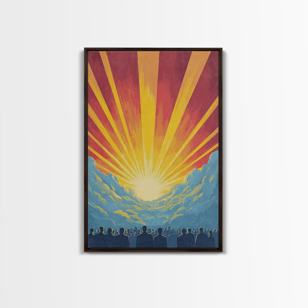 Radiant Sunrise Over Crowd Silhouette Canvas Print, Retro Sci Fi Wall Art, Inspirational Sun Poster, Colorful Home Decor