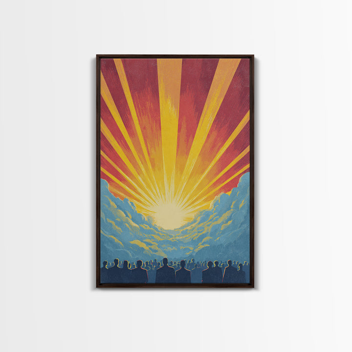 Radiant Sunrise Over Crowd Silhouette Canvas Print, Retro Sci Fi Wall Art, Inspirational Sun Poster, Colorful Home Decor