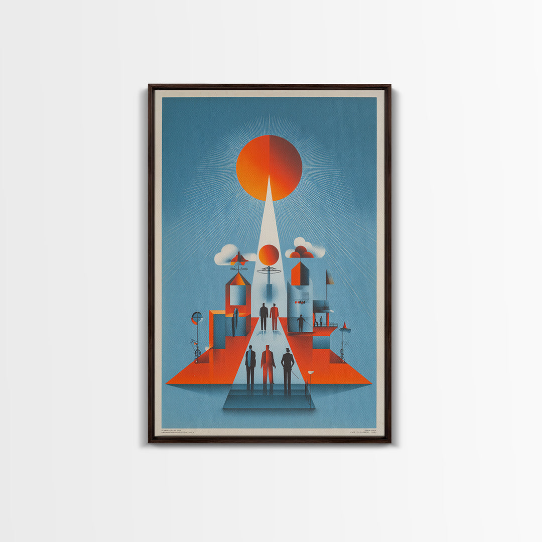 Futuristic Orange Sun City Wall Art, Midcentury Modern Art Print, Retro Geometric Poster, MCM Living Room Decor, Bold Blue Orange