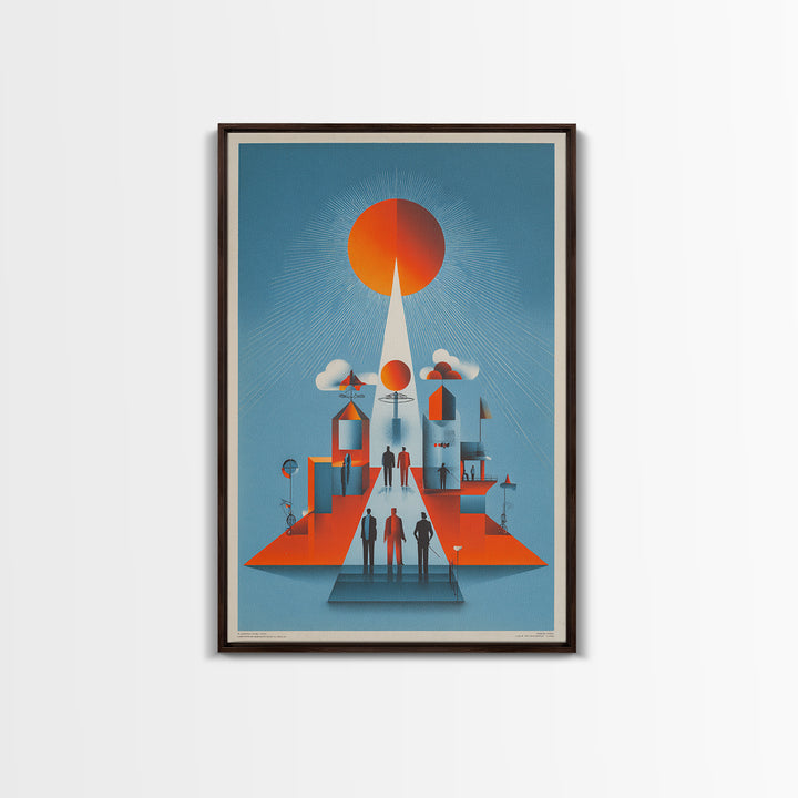 Futuristic Orange Sun City Wall Art, Midcentury Modern Art Print, Retro Geometric Poster, MCM Living Room Decor, Bold Blue Orange