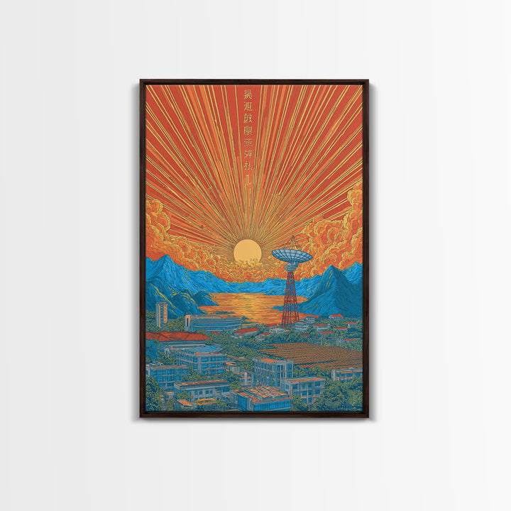Japanese Sunrise Mountain Valley Canvas Print, Retro Travel Poster, Orange Blue Landscape Wall Decor, Midcentury Modern Art