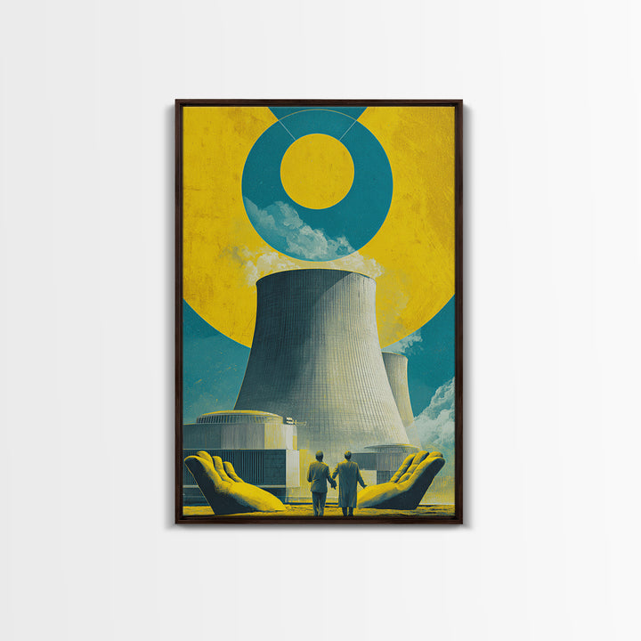 Nuclear Cooling Tower In Giant Hands Canvas Print, Retro Futurist Wall Decor, Yellow Teal Industrial Modern Art, MCM Poster