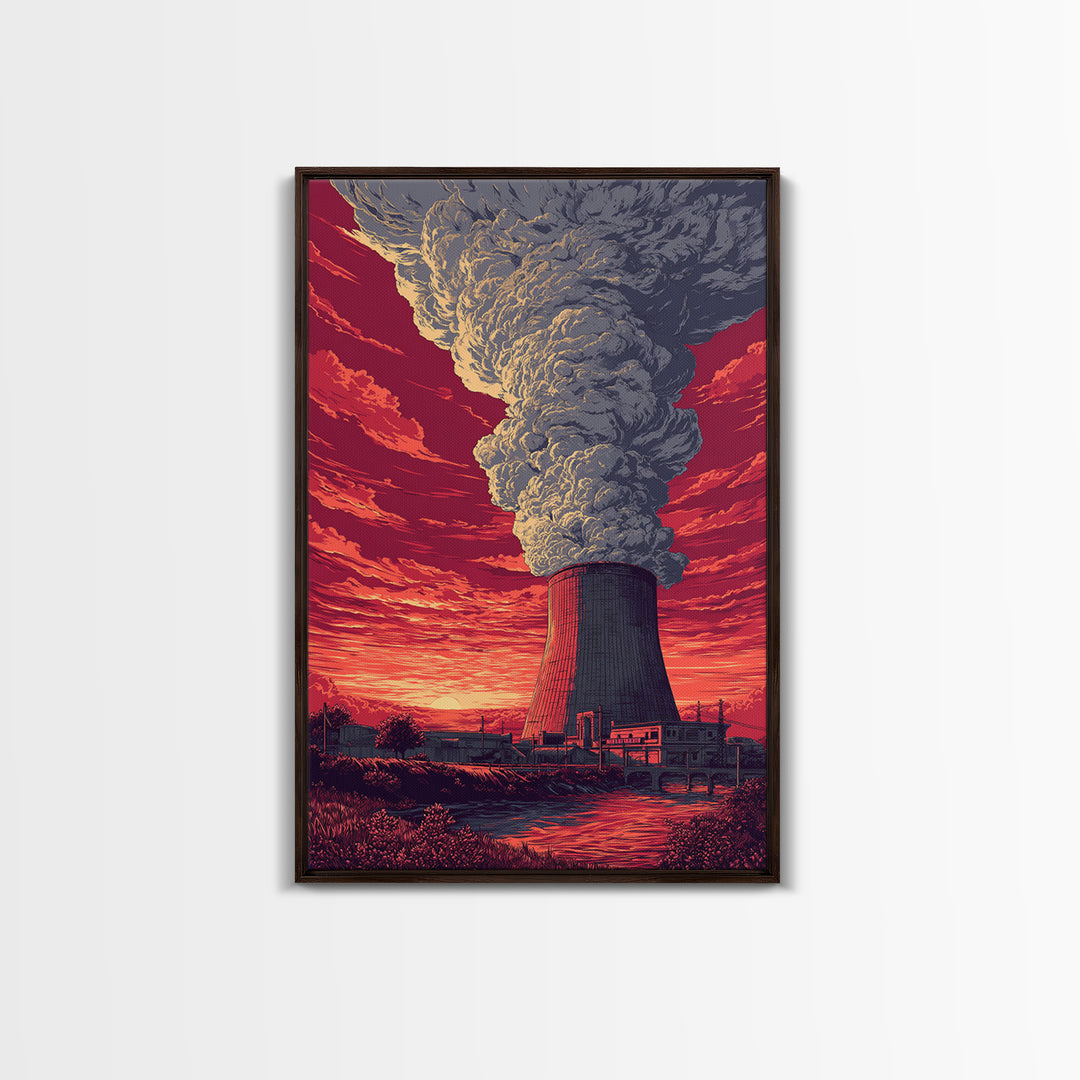 Dramatic Nuclear Cooling Tower Wall Art, Red Sunset Industrial Poster, Retro Sci Fi Landscape Print, Statement Home Decor