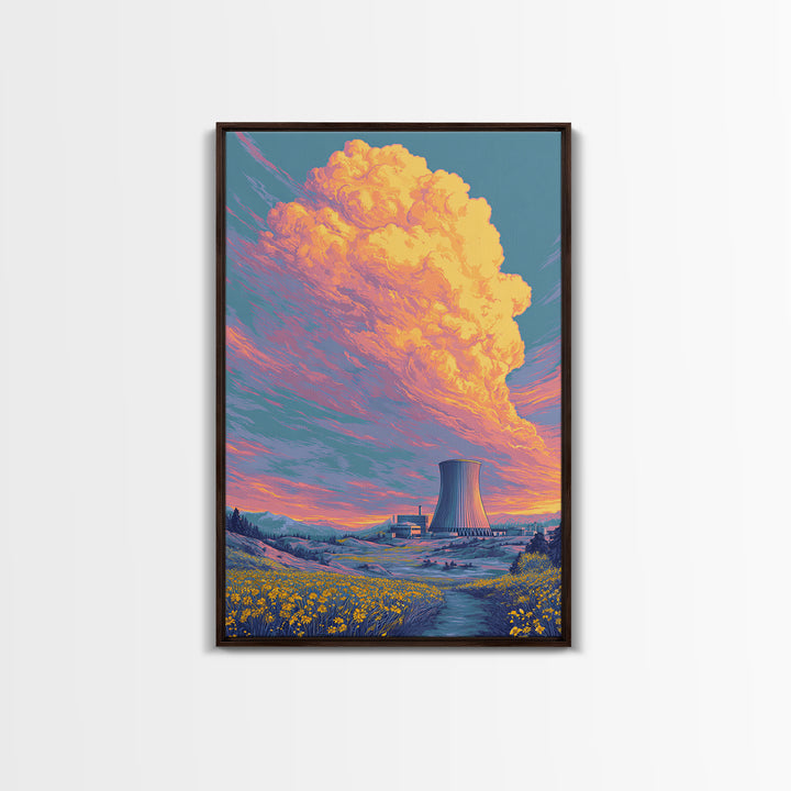Pastel Nuclear Plant With Flower Field Wall Art, Scenic Landscape Poster, Colorful Modern Home Decor, Retro Art Print, Gift