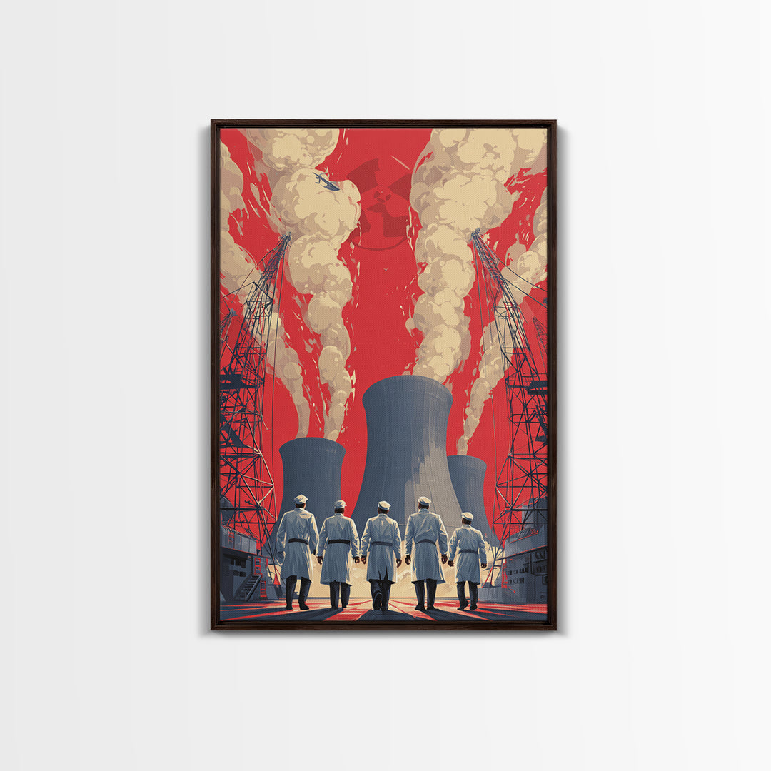 Nuclear Plant Workers Under Red Sky Framed Canvas Print, Industrial Wall Art, Retro Sci Fi Poster, Bold Statement Home Decor