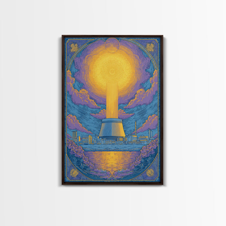 Ornate Radiant Nuclear Tower Wall Art, Art Nouveau Industrial Poster, Blue Gold Scenic Print, Spiritual Modern Statement Decor