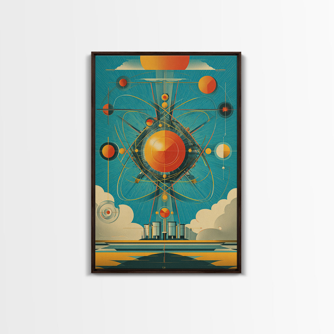 Atomic Orange Sun Orbit Wall Art, Midcentury Modern Abstract Space Poster, Teal Retro Geometric Decor, MCM Canvas Gift, Home Decor