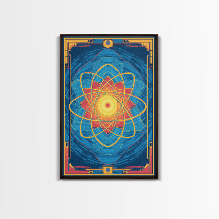 Radiant Atomic Mandala Framed Canvas Print, Midcentury Modern Art, Blue Geometric Wall Decor, Retro Sci Fi Home Poster Gift