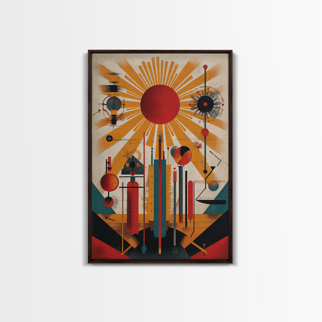 Red Sunburst Machine Wall Art, Midcentury Modern Abstract Poster, Bauhaus Geometric Print, Atomic Retro Office Decor Gift
