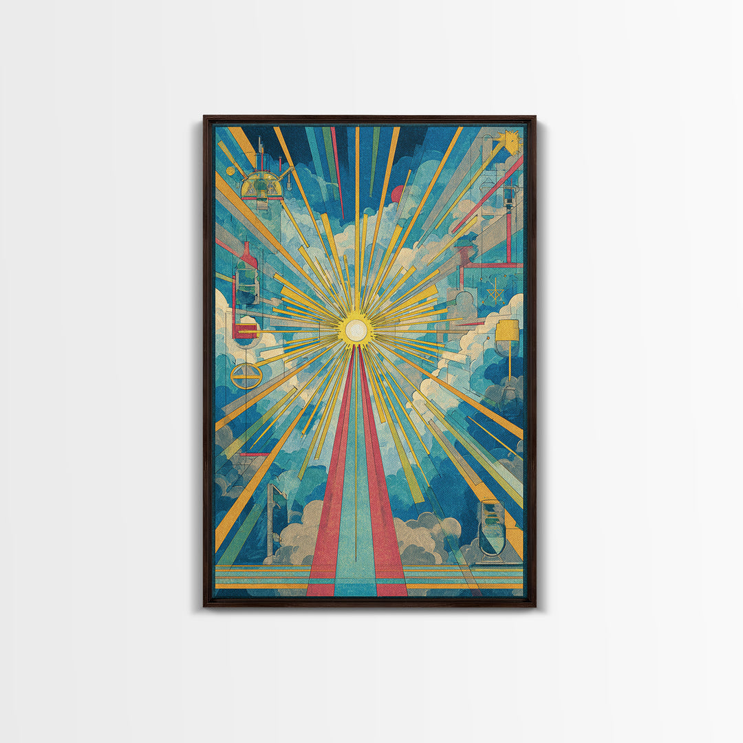 Radiant Cloud Cathedral Canvas Print, Midcentury Modern Sun Rays Poster, Colorful Geometric Sky Wall Art, Retro Home Decor
