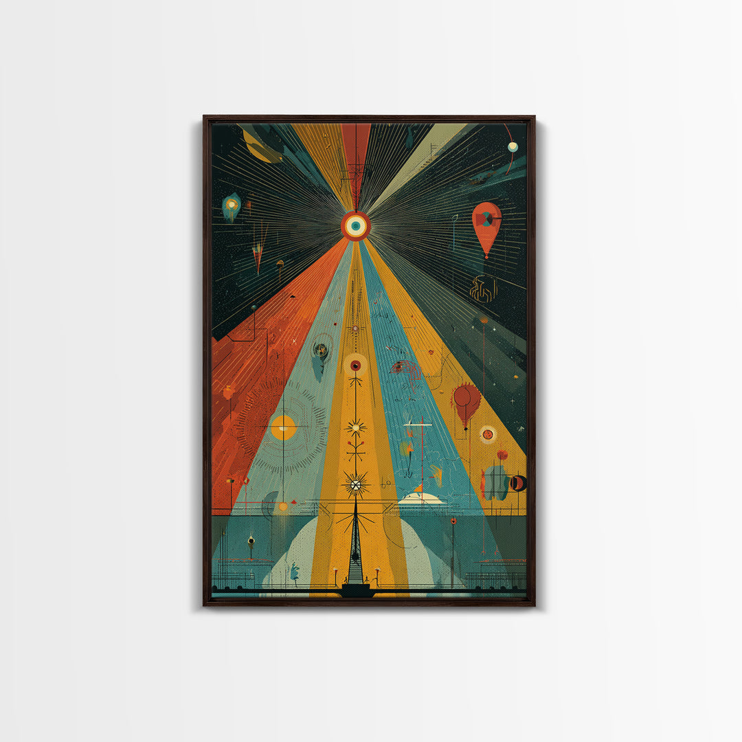Prismatic Cosmic Beams Wall Art, Midcentury Modern Abstract Space Poster, Retro Geometric Sci Fi Decor, Colorful MCM Print