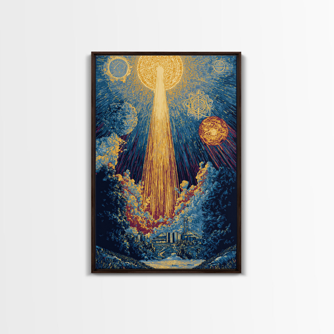 Golden Celestial Beam Canvas Print, Modern Abstract Art, Cosmic Sun Landscape Poster, Blue Yellow Wall Decor, Spiritual Gift