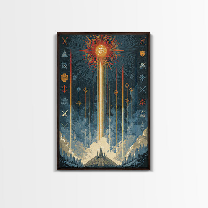 Mystic Rocket Launch Wall Art, Midcentury Modern Space Poster, Celestial Sunburst Landscape, Retro Sci Fi Office Decor Print