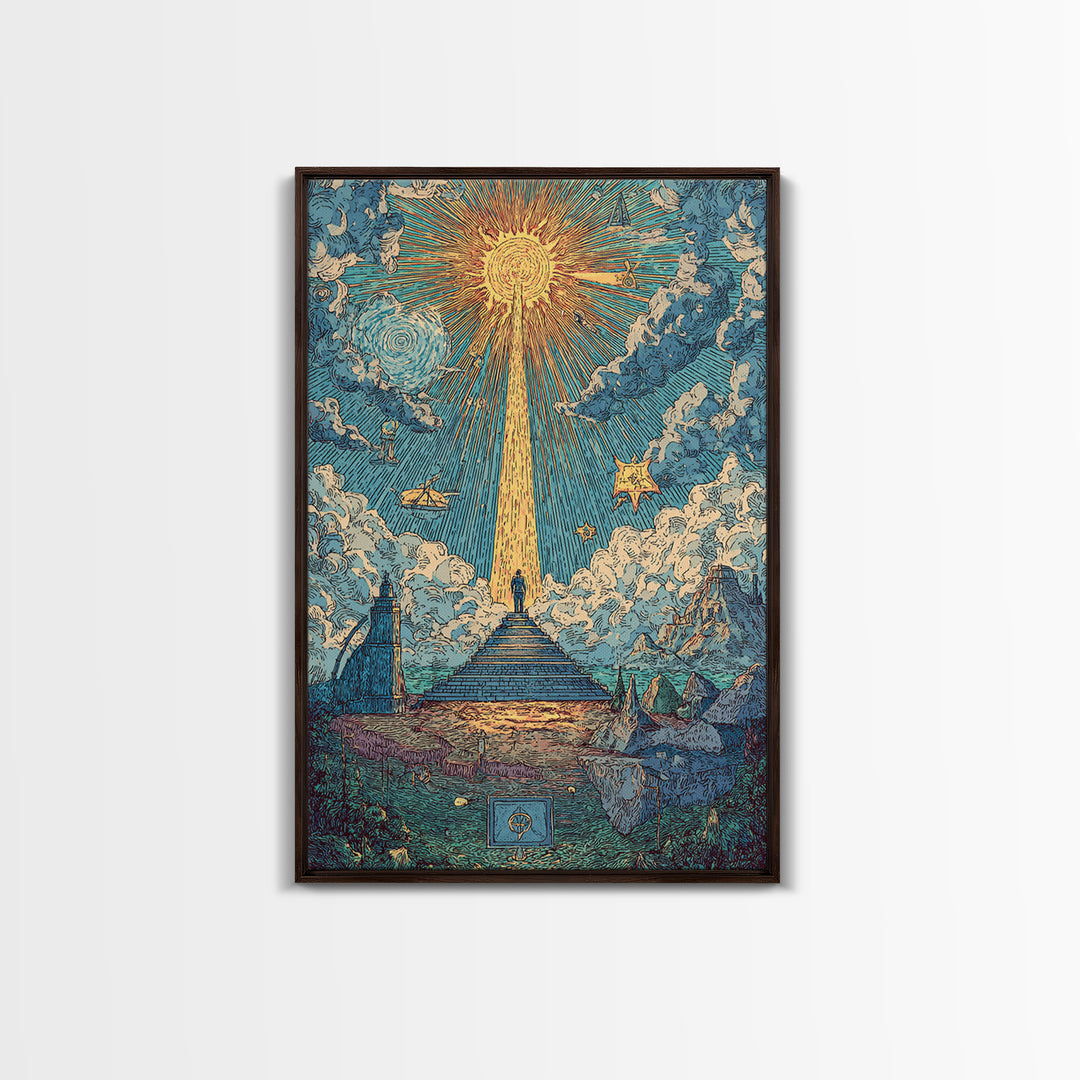 Stairway To Radiant Sun Wall Art, Modern Celestial Landscape Poster, Blue Cloud Fantasy Print, Spiritual Home Office Decor