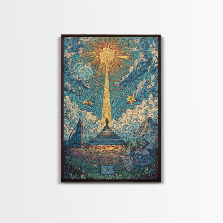 Stairway To Radiant Sun Wall Art, Modern Celestial Landscape Poster, Blue Cloud Fantasy Print, Spiritual Home Office Decor
