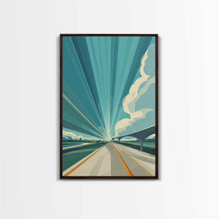 Futuristic Highway Light Rays Wall Art, Retro Modern Poster, Architectural Art, Travel Wall Art, Blue Geometric Office Decor