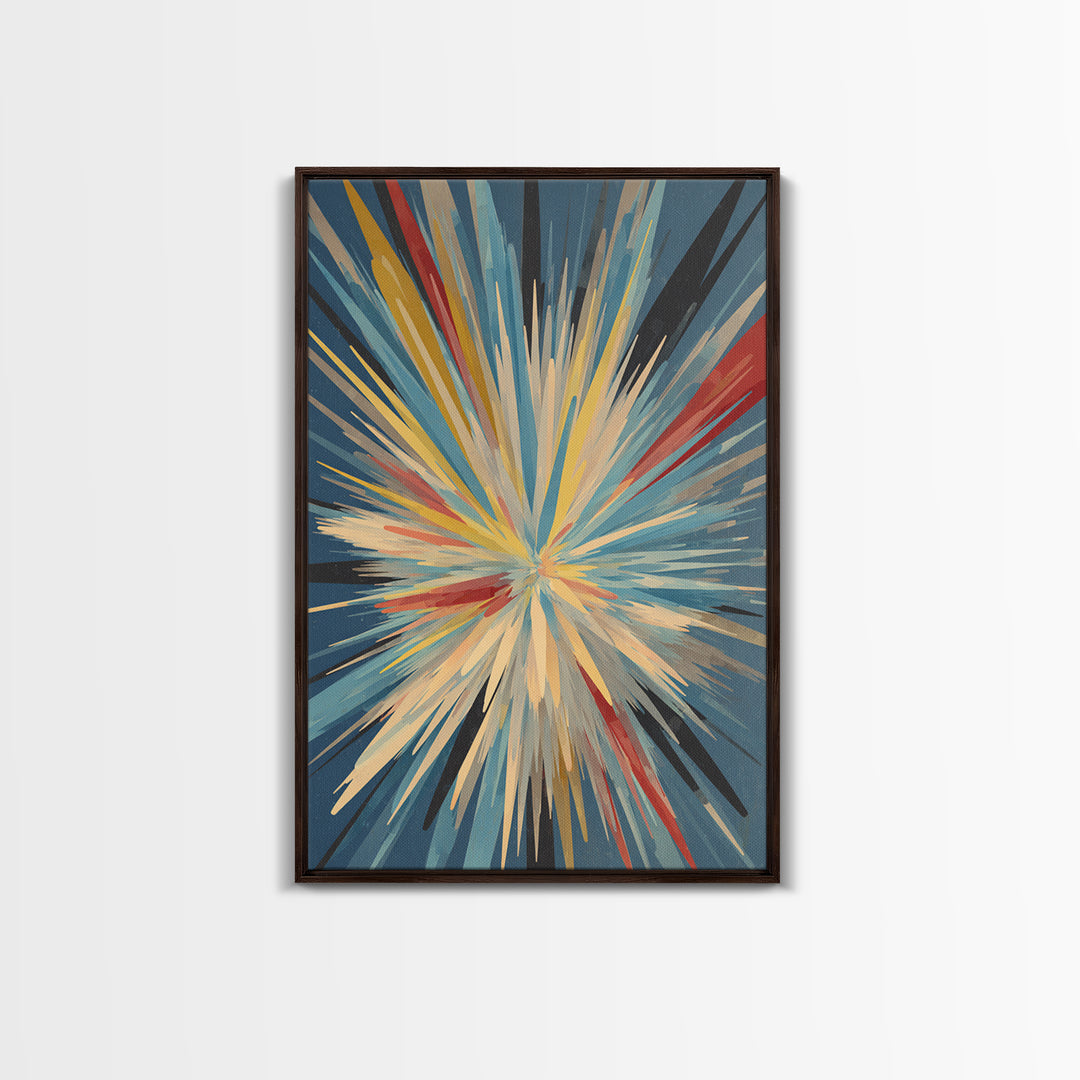 Exploding Abstract Starburst Canvas Print, Modern Wall Art, Colorful Geometric Poster, Blue Red Yellow Midcentury Decor Gift