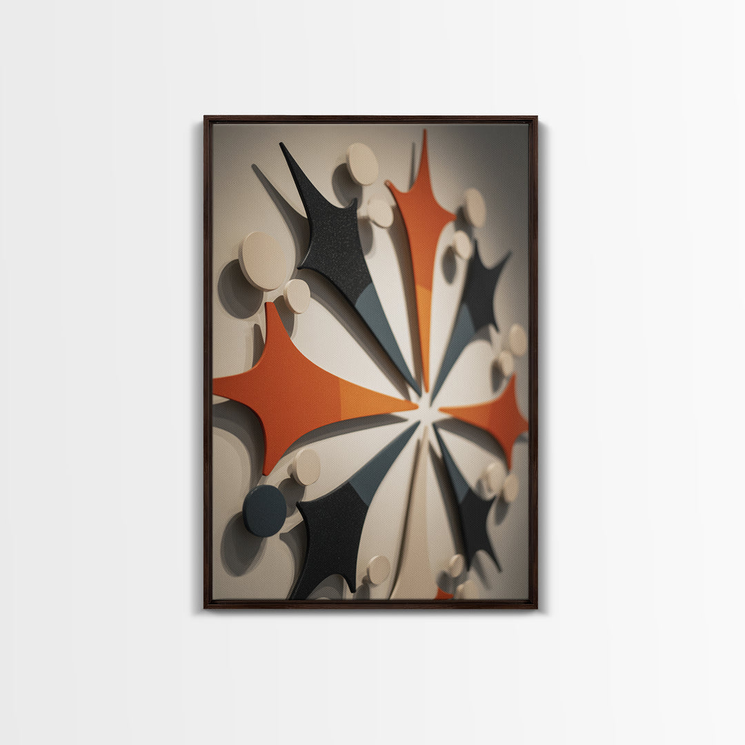 Orange Black Atomic Boomerang Wall Art, Midcentury Modern Decor, Geometric Retro Sculpture Canvas Print, MCM Gallery Poster