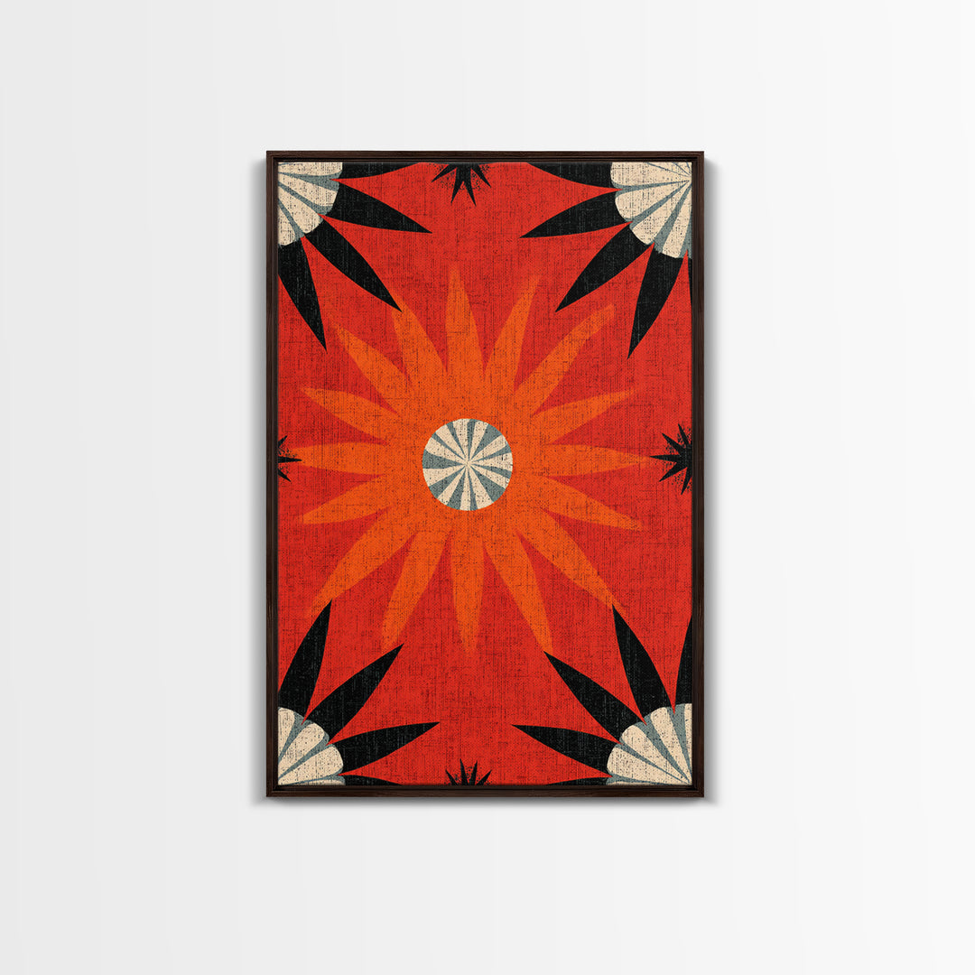 Orange Atomic Sunburst Pattern Wall Art, Midcentury Modern Print, Retro 70s Decor, Geometric Textile Style Bold MCM Poster