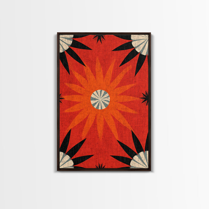 Orange Atomic Sunburst Pattern Wall Art, Midcentury Modern Print, Retro 70s Decor, Geometric Textile Style Bold MCM Poster