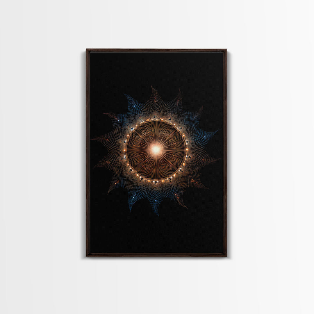 Glowing Eclipse Mandala Wall Art, Modern Abstract Art Print, Cosmic Geometric MCM Decor, Orange Blue Framed Canvas Print