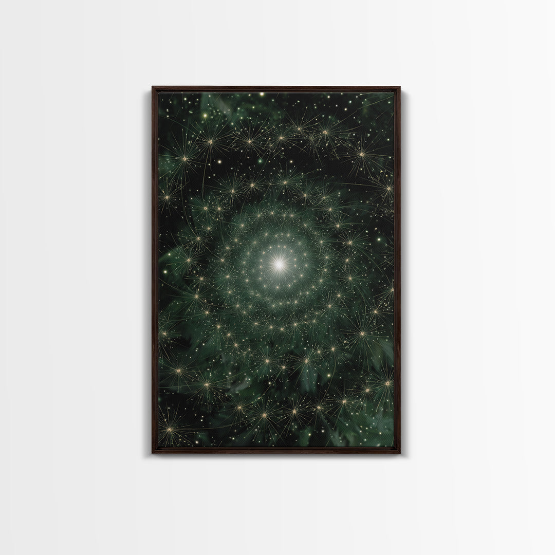 Green Celestial Dandelion Starfield Wall Art, Modern Abstract Art Print, Nature Space Decor, Botanical Canvas Print Poster