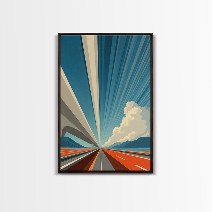 Orange Coastal Highway Perspective Canvas Print, Retro Modern Poster, Architectural Art, Blue Wall Art, Travel Office Decor