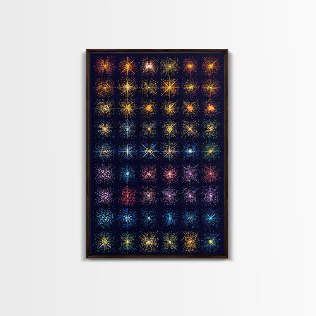 Glowing Starburst Fireworks Grid Wall Art, Midcentury Modern Art Print, Atomic Retro Poster, Dark Navy Living Room Decor