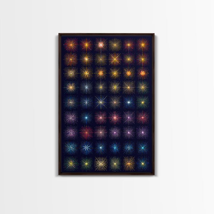 Glowing Starburst Fireworks Grid Wall Art, Midcentury Modern Art Print, Atomic Retro Poster, Dark Navy Living Room Decor