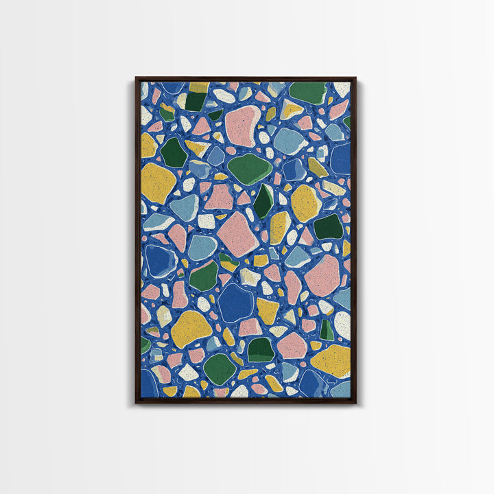 Blue Pebble Terrazzo Mosaic Pattern Canvas Print, Midcentury Modern Wall Art, Colorful Abstract Geometric Home Decor Poster Gift