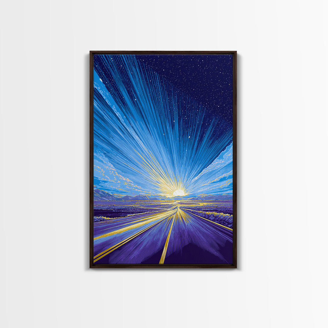 Radiant Starry Sunrise Road Wall Art, Modern Digital Art, Retro Sci Fi Poster, Blue Landscape Print, Large Living Room Decor
