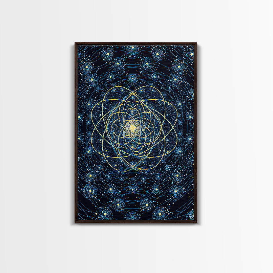 Blue Gold Cosmic Atom Mandala Wall Art, Midcentury Modern Art, Space Abstract Art, Geometric Wall Decor For Home Office, MCM Print