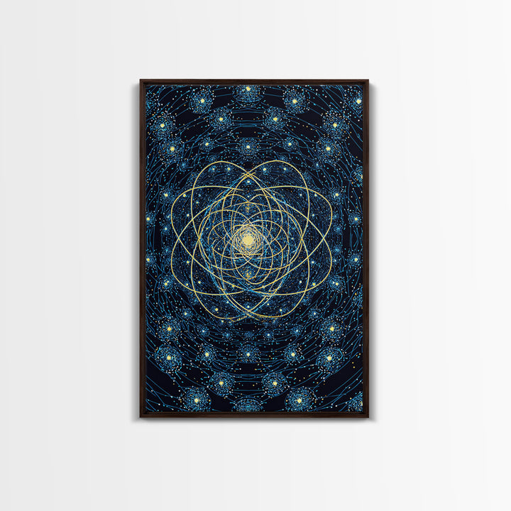 Blue Gold Cosmic Atom Mandala Wall Art, Midcentury Modern Art, Space Abstract Art, Geometric Wall Decor For Home Office, MCM Print
