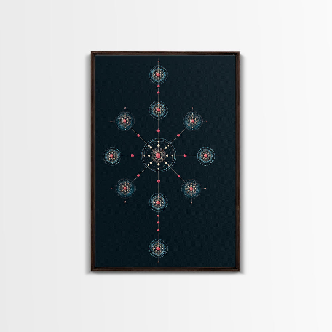 Dark Teal Atomic Molecule Diagram Framed Canvas Print, Modern Abstract Art, Midcentury Wall Art, Geometric Office Wall Decor