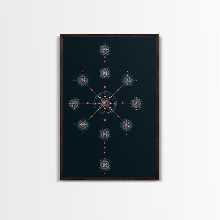 Dark Teal Atomic Molecule Diagram Framed Canvas Print, Modern Abstract Art, Midcentury Wall Art, Geometric Office Wall Decor