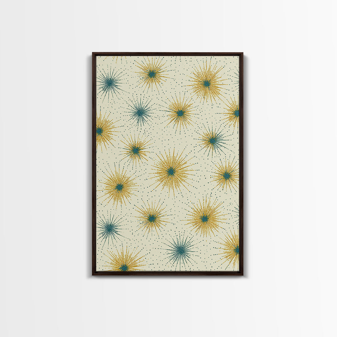 Mustard Teal Atomic Starburst Canvas Print, Midcentury Modern Art, Retro Geometric Wall Art, Scandinavian MCM Decor Gift