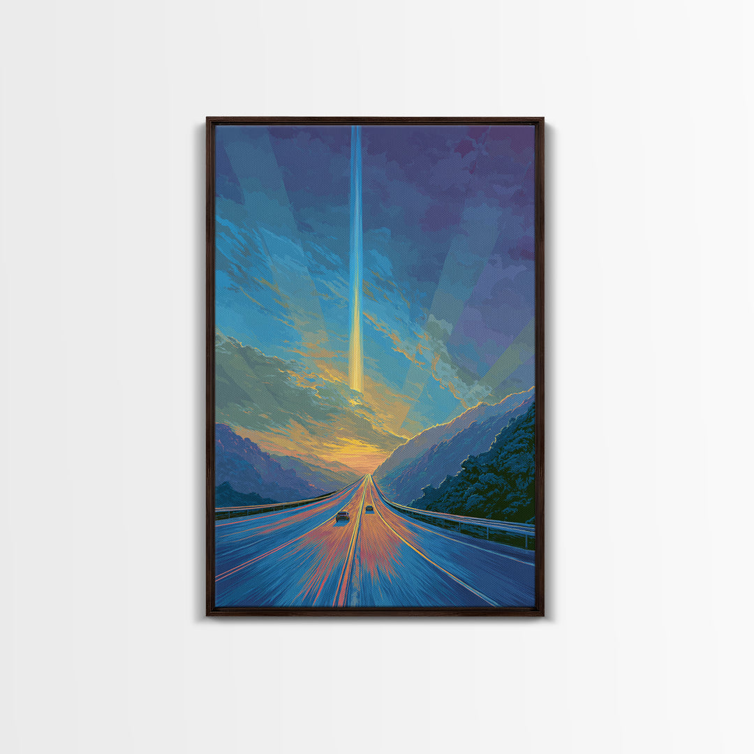 Mountain Highway Sunset Beam Canvas Print, Scenic Travel Wall Art, Modern Digital Art, Blue Orange Landscape Office Decor