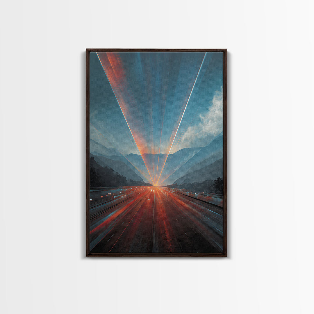 Sunrise Mountain Freeway Light Trails Wall Art, Modern Abstract Art, Scenic Travel Poster, Blue Orange Office Decor Print