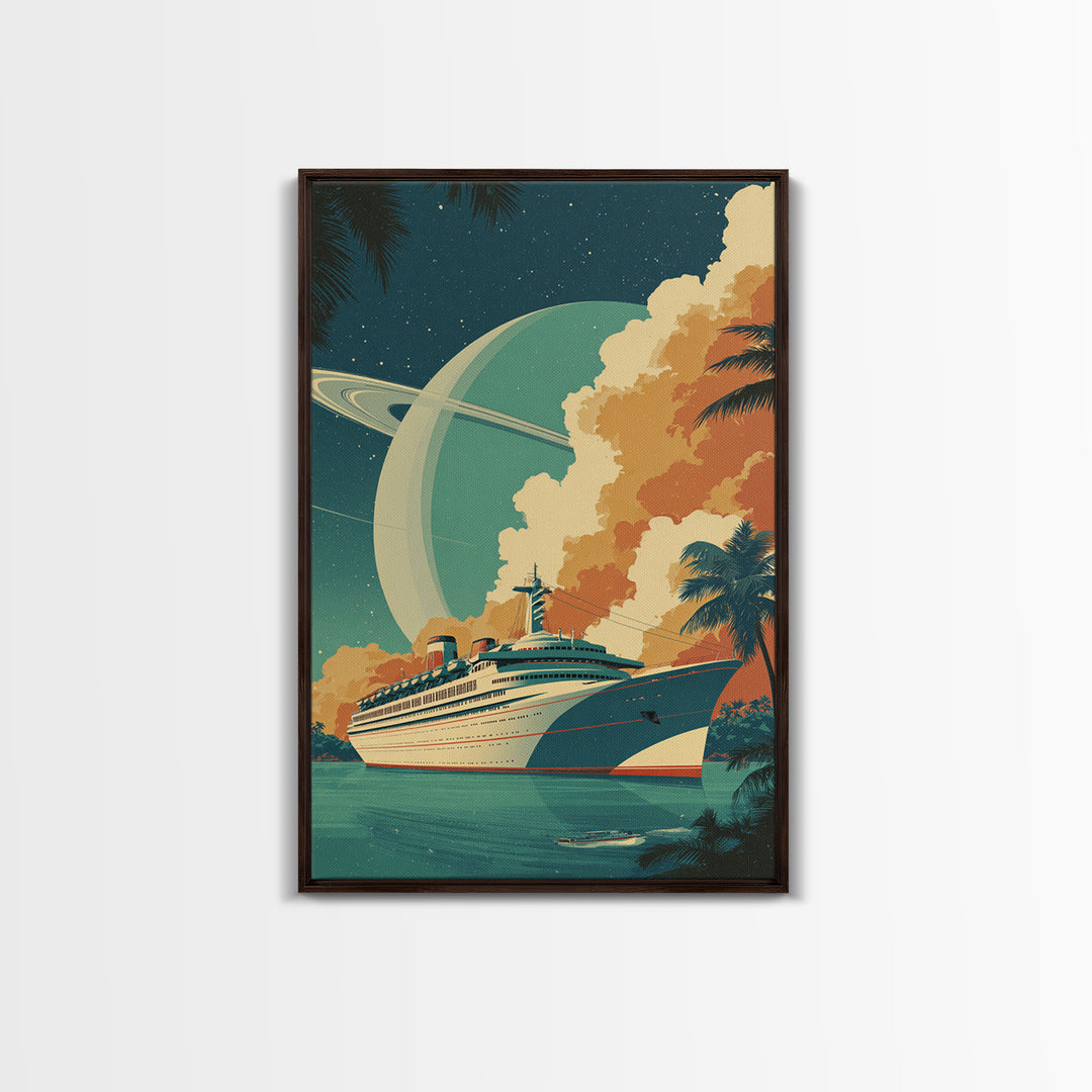 Tropical Cruise Ship Under Saturn Sky Framed Canvas Print, Mid Century Modern Art, Retro Travel Poster, Palm Tree Decor Print