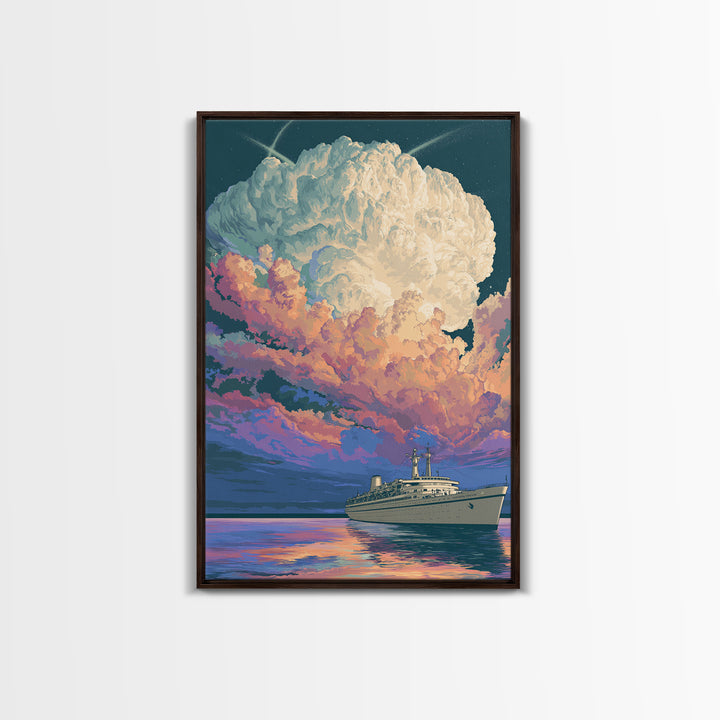 Ocean Liner Under Pastel Cloudscape Wall Art, Modern Art Print, Scenic Sunset Poster, Coastal Home Decor, Living Room Art