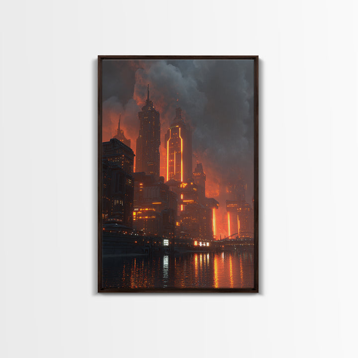 Burning Neon Futuristic Skyline Framed Canvas Print, Modern Wall Art, Dark Sci Fi City Poster, Orange Black Industrial Decor