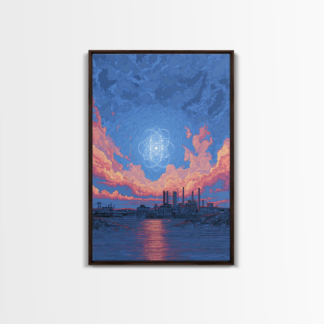 Industrial Waterfront With Atomic Pink Clouds Canvas Print, Mid Century Modern Wall Art, Retro Sci Fi Poster, Blue Wall Decor