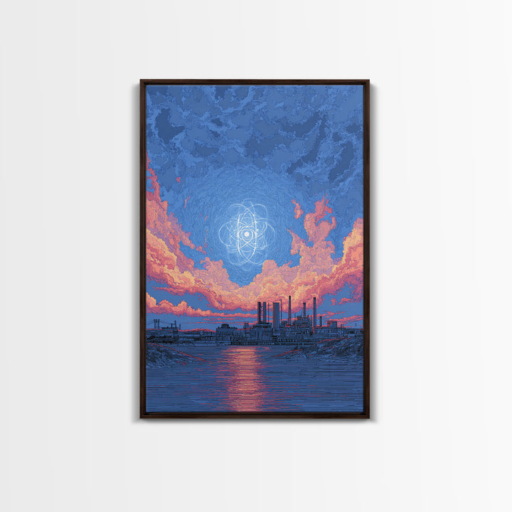 Industrial Waterfront With Atomic Pink Clouds Canvas Print, Mid Century Modern Wall Art, Retro Sci Fi Poster, Blue Wall Decor