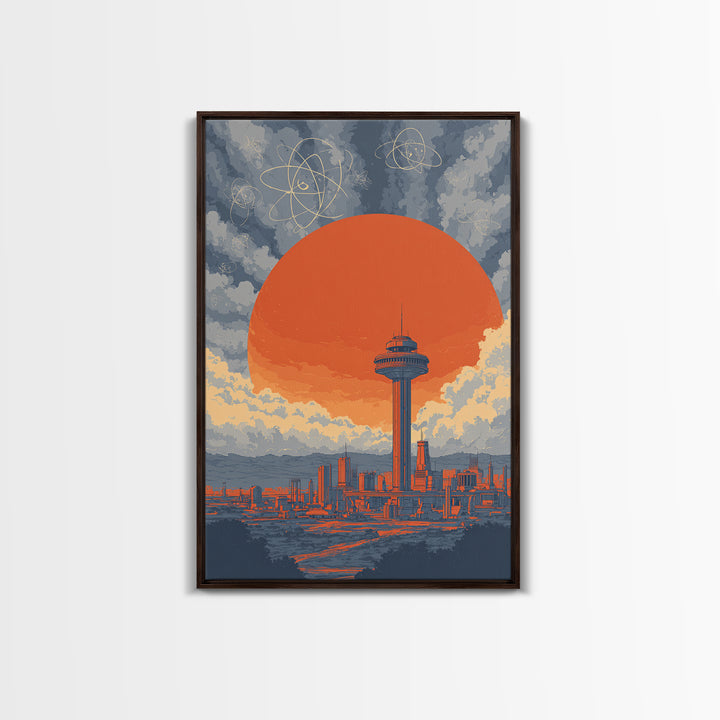 Space Needle Skyline With Orange Sun Wall Art, Mid Century Modern Print, Atomic Retro Poster, Seattle Inspired City Decor