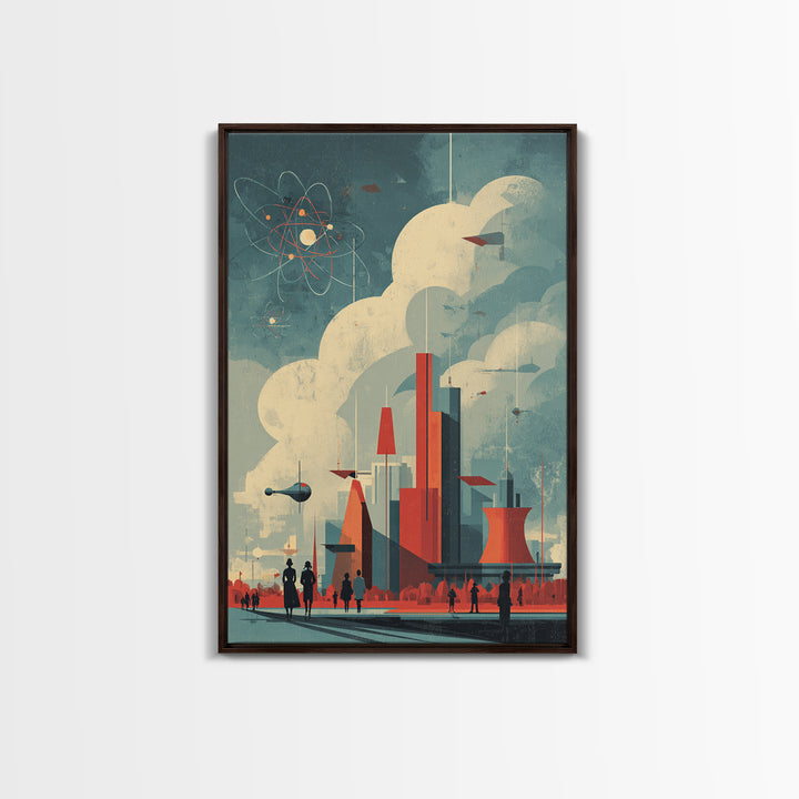 Retro Futuristic City With Red Towers Canvas Print, Mid Century Modern Wall Art, Atomic Sci Fi Poster, Geometric Home Decor