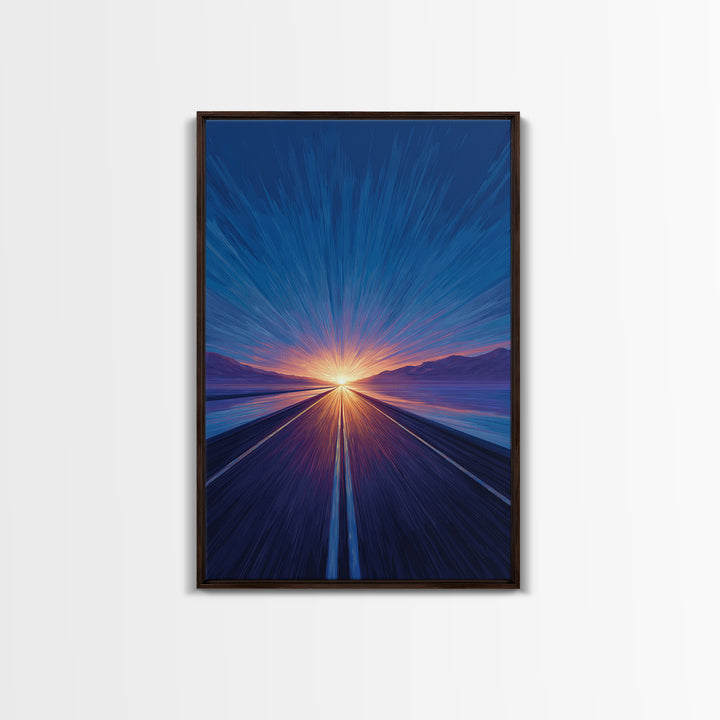 Blue Lakeside Sunset Road Canvas Print, Modern Wall Art, Scenic Travel Poster, Large Abstract Art, Bedroom Home Decor Gift