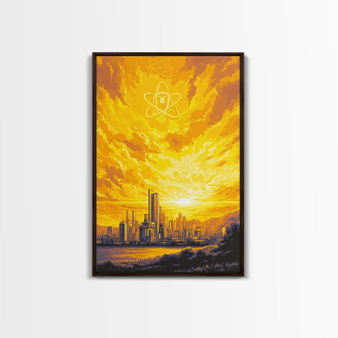 Golden Atomic Skyline At Sunset Framed Canvas Print, Mid Century Modern Wall Art, Yellow Poster, Retro Futuristic City Decor