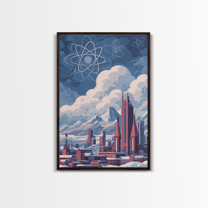 Atomic Futuristic City Under Clouds Wall Art, Retro Sci Fi Skyline, Midcentury Modern Art, Space Age Decor, MCM Poster Prints