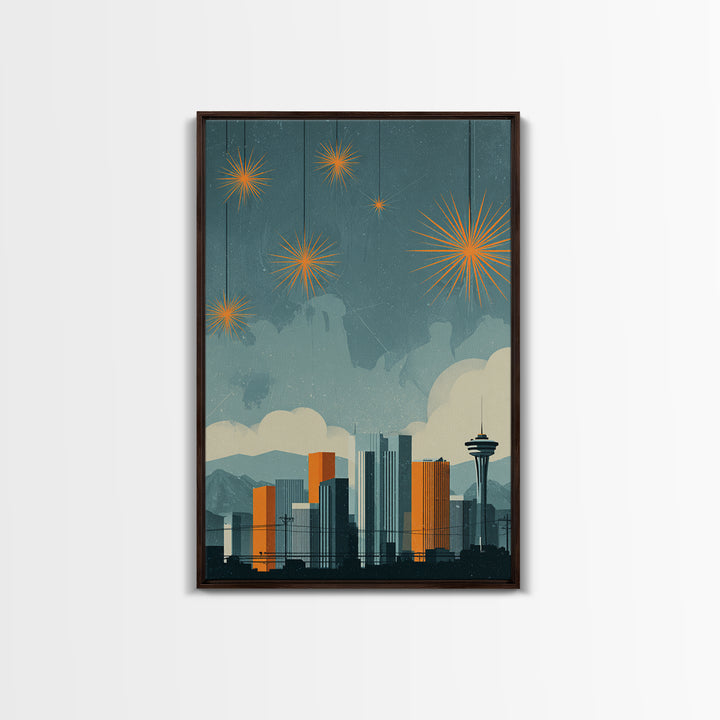 Seattle Skyline With Orange Starbursts Wall Art, Midcentury Modern Decor, Space Needle Print, Retro Cityscape Poster Home Decor
